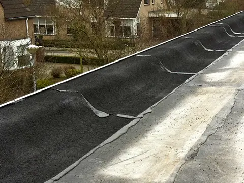 Plat dak met bitumen dakbedekking en afgewerkte dakrand